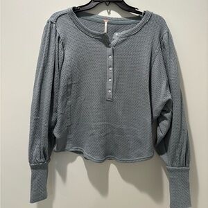 Free People Gray Button Down Waffle Knit Top